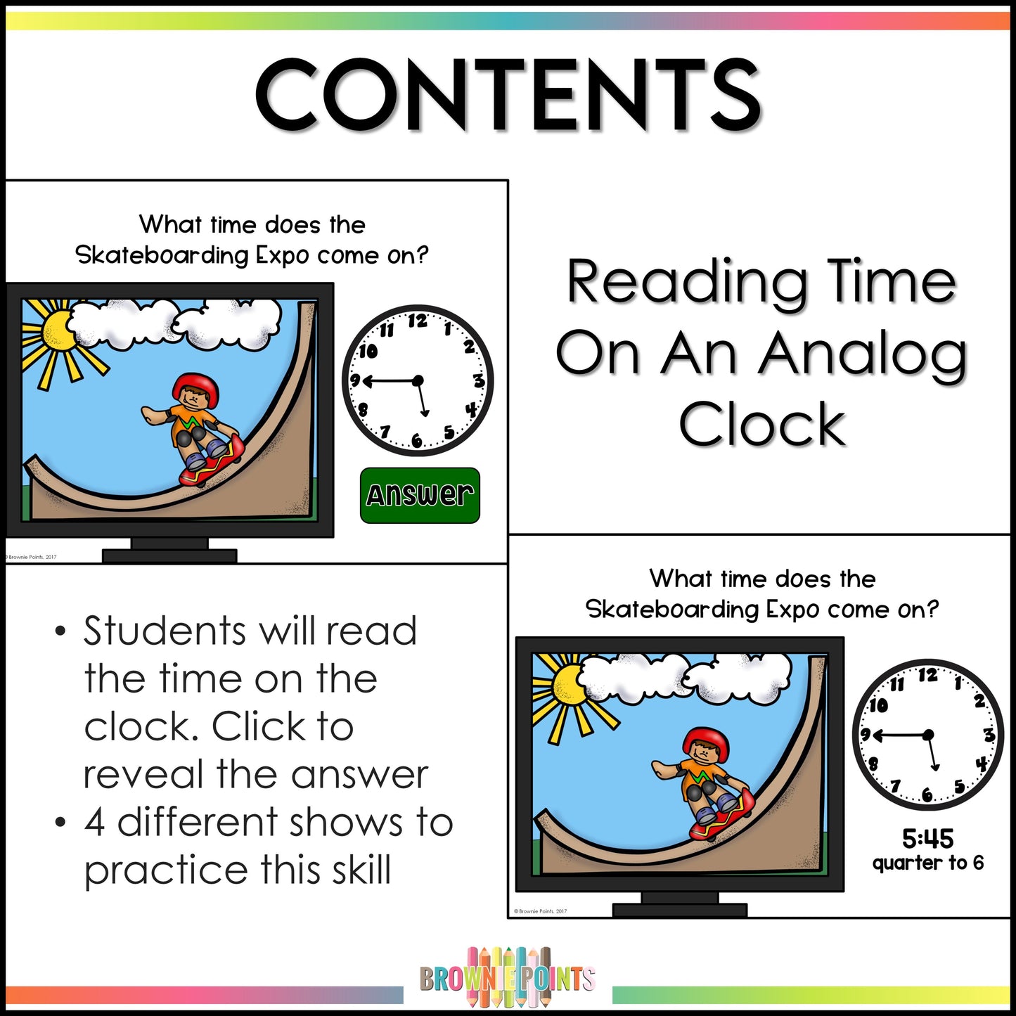 Telling Time to the Hour, Half Hour, and Quarter Hour PowerPoint Game