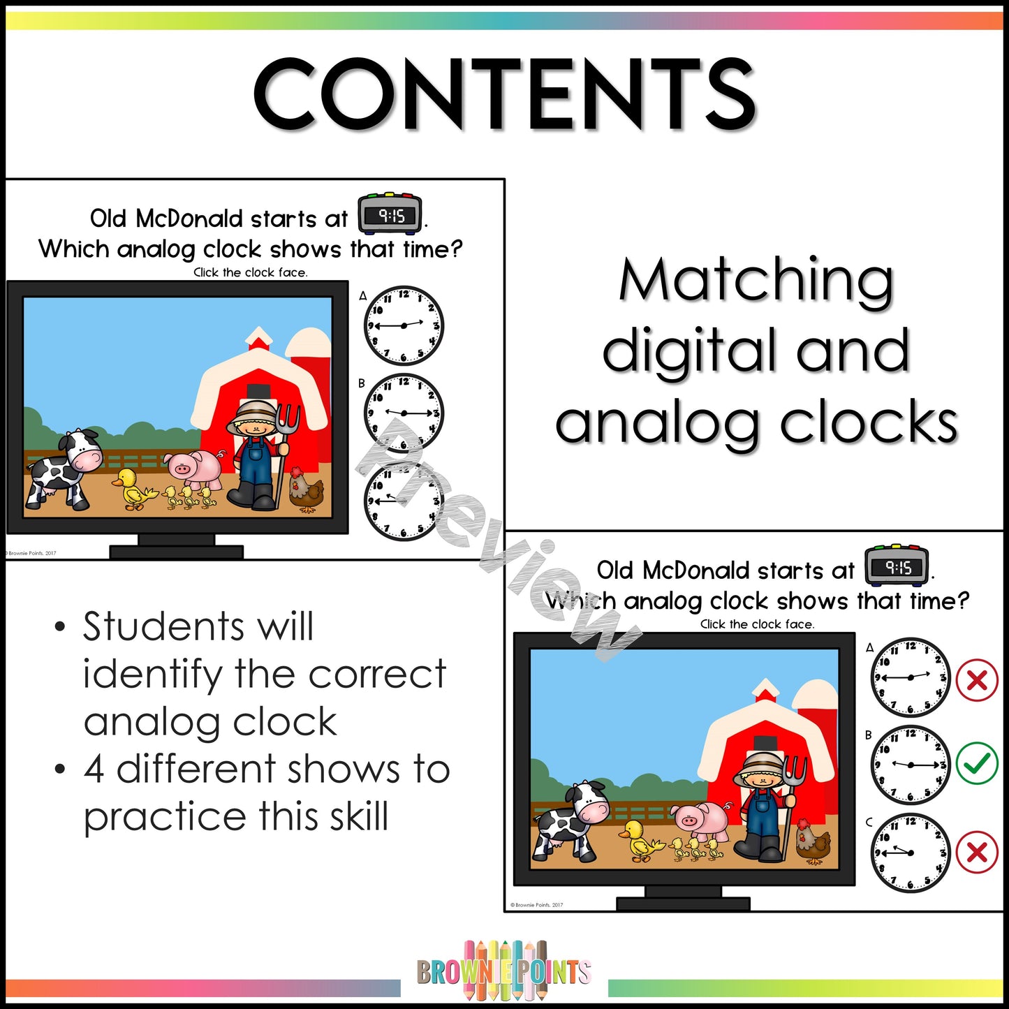 Telling Time to the Hour, Half Hour, and Quarter Hour PowerPoint Game