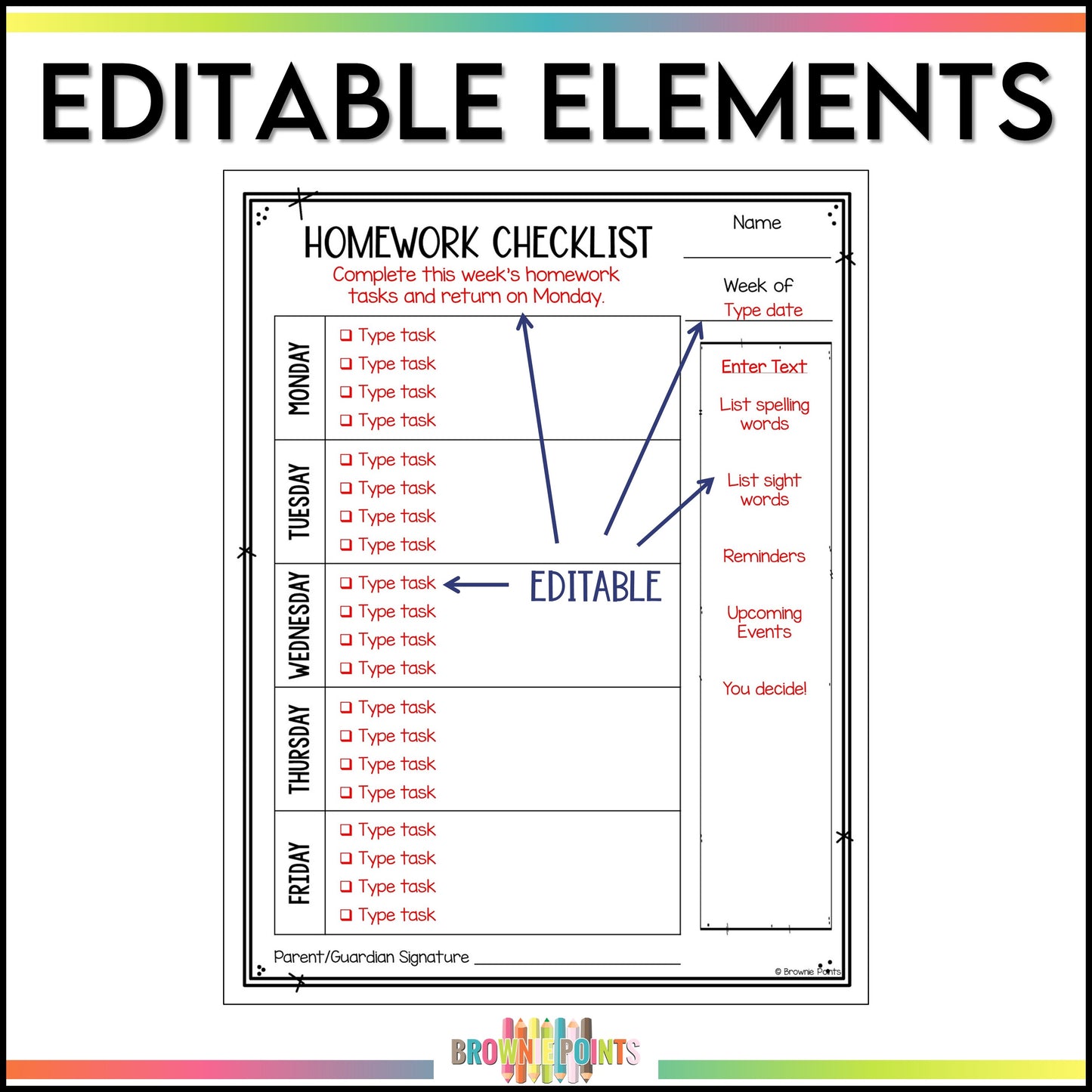 Editable Weekly Homework Checklists