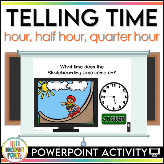 Telling Time to the Hour, Half Hour, and Quarter Hour PowerPoint Game